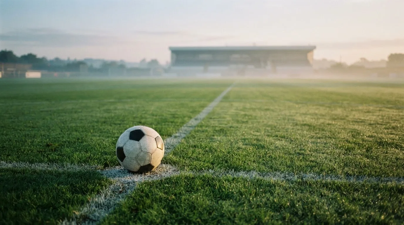 Ein Fußball liegt auf dem Mittelkreis eines leeren Rasenplatzes am frühen Morgen, im Hintergrund eine ferne Tribüne im Dunst.