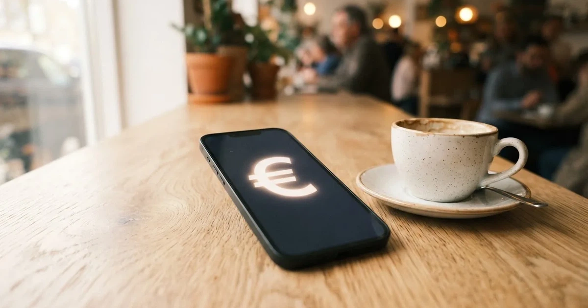 Ein Smartphone mit dunklem Display liegt neben einer Kaffeetasse und einigen Münzen auf einem hellen Holztisch, weiches Tageslicht fällt von links.