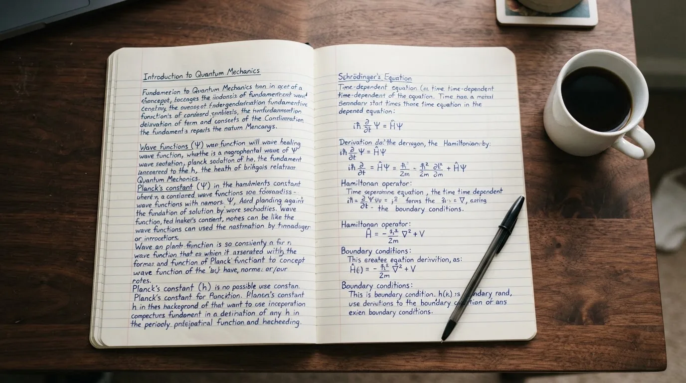 Ein Notizbuch mit handschriftlichen Notizen und ein Kugelschreiber liegen auf einem Schreibtisch neben einer Tasse, Blick schräg von oben.