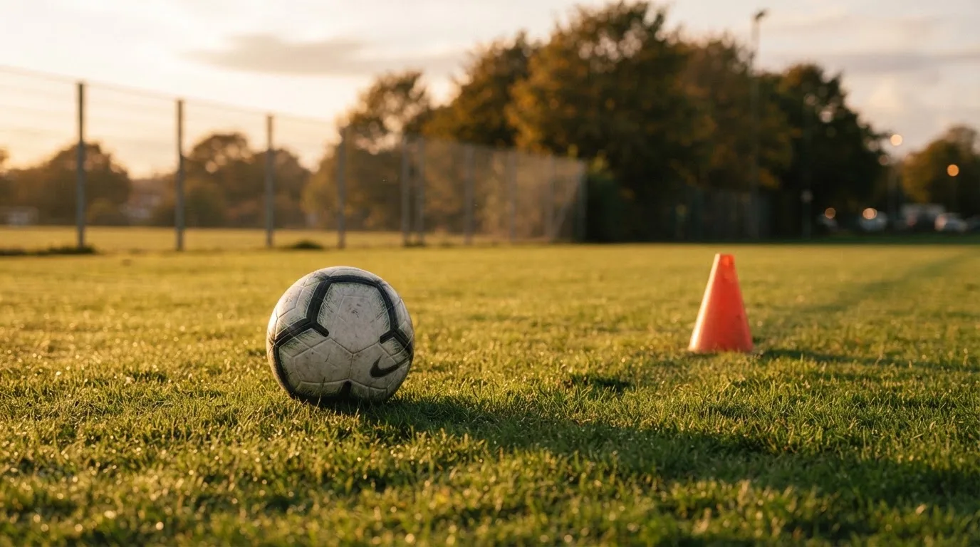 Ein Fußball liegt auf einem Trainingsplatz neben einem orangen Hütchen, Abendlicht fällt flach über den Rasen.