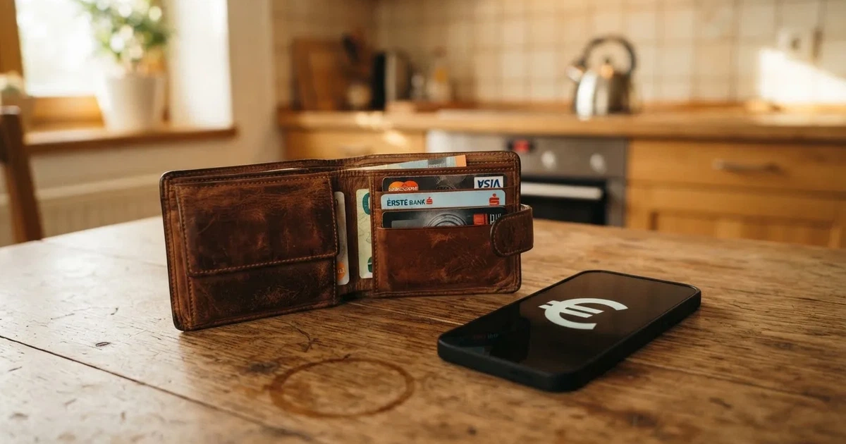 Ein Portemonnaie aus Leder liegt geöffnet auf einem Holztisch neben einem Smartphone mit dunklem Display, Fensterlicht fällt von der Seite.