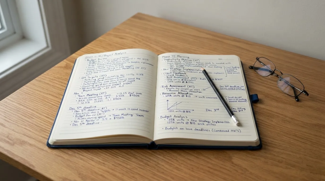 Ein aufgeschlagenes Notizbuch mit handschriftlichen Notizen liegt neben einem Bleistift auf einem Schreibtisch, daneben eine Brille.