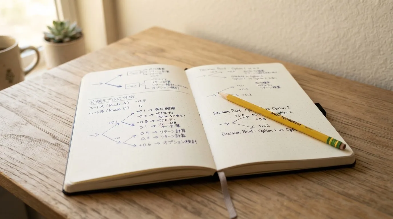 Ein aufgeschlagenes Notizbuch mit handschriftlichen Skizzen und Pfeilen liegt neben einem Bleistift auf einem Holztisch, Tageslicht fällt von der Seite.