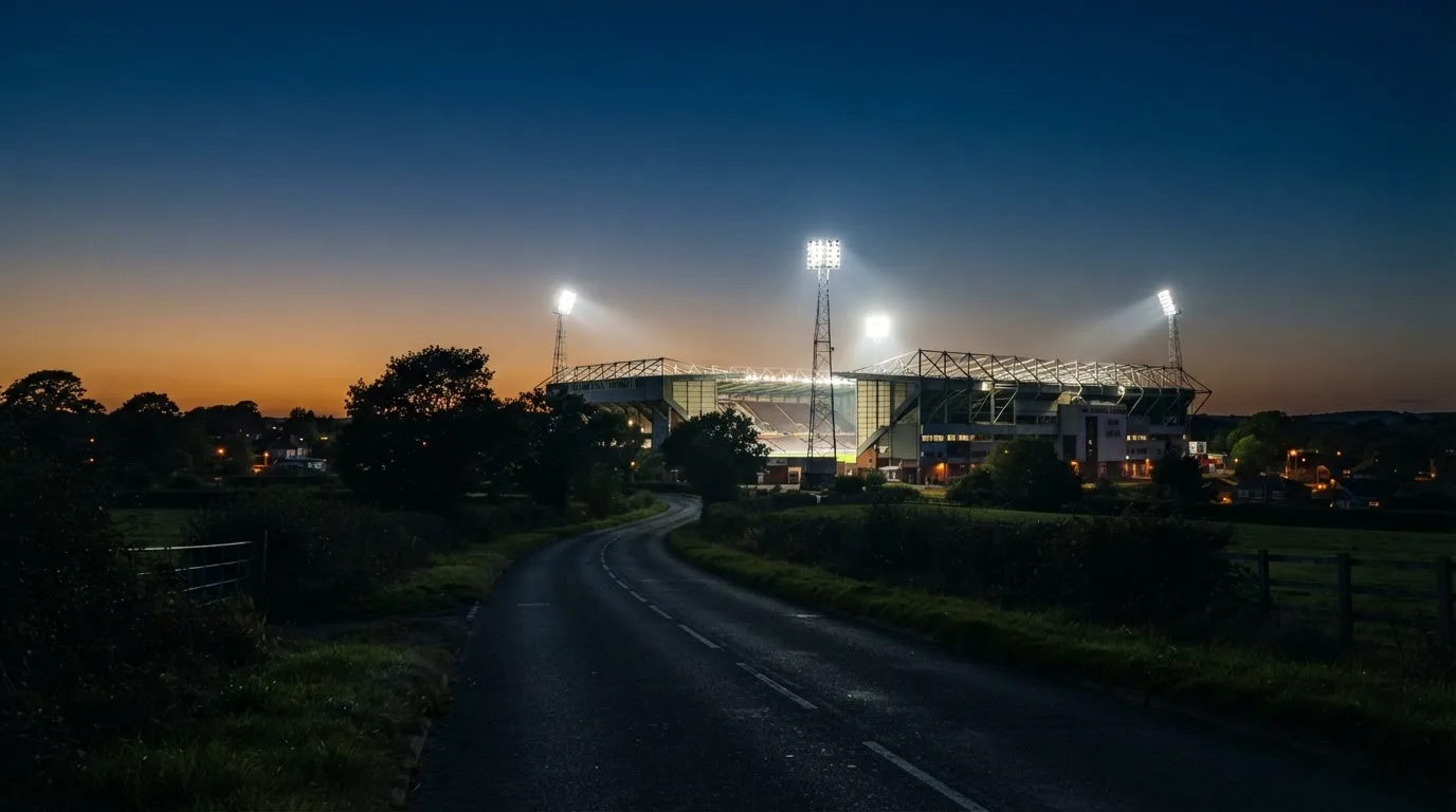 Ein Flutlichtstadion erhebt sich bei Dämmerung in der Ferne hinter einer leeren Landstraße, die Lichter sind eingeschaltet.