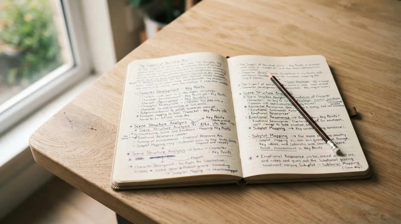 Ein aufgeschlagenes Notizbuch mit handschriftlichen Notizen und Pfeilen liegt neben einem Bleistift auf einem Holztisch, Tageslicht von links.