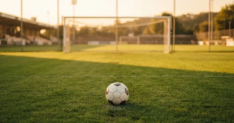 Ein Fußball liegt vor einem leeren Tor auf dem Rasen, das Netz hängt unbewegt, im Hintergrund ein verschwommener Zaun in warmem Abendlicht.