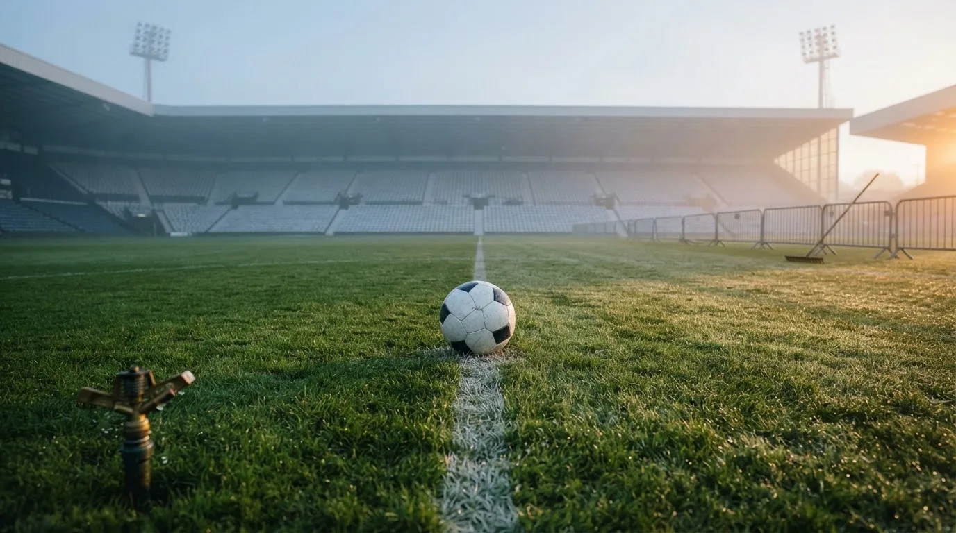 Ein Fußball liegt auf dem Rasen vor einer leeren Tribüne am frühen Morgen, Tau glänzt auf dem Gras.