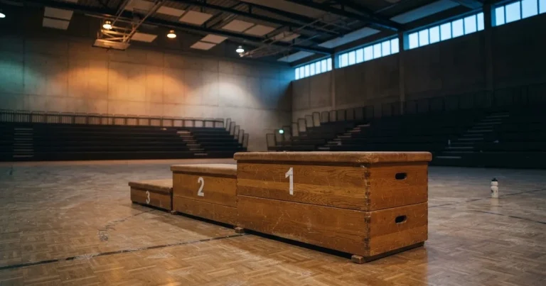 Ein Podium aus hellem Holz steht in einer leeren Sporthalle unter Hallenlicht, ohne Beschriftung oder Zahlen, niemand ist zu sehen.