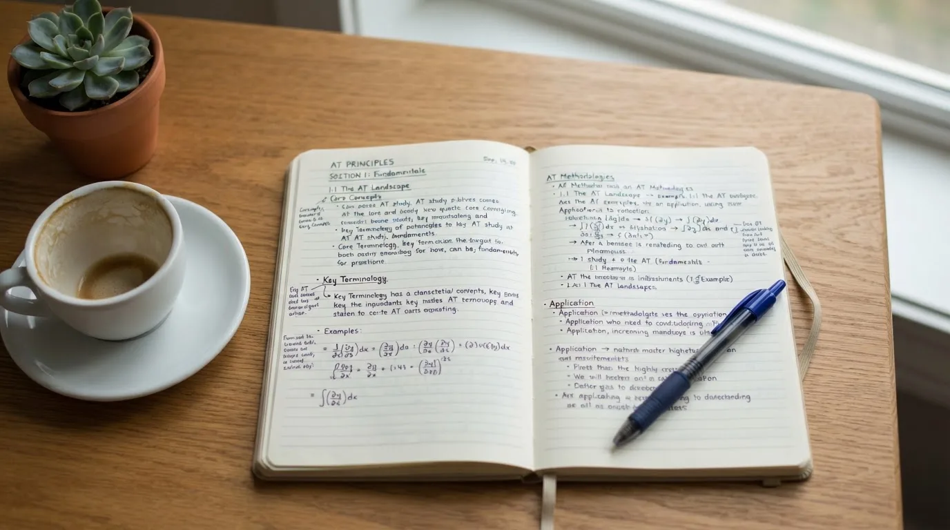 Ein Notizbuch mit handschriftlichen Notizen und ein Kugelschreiber liegen auf einem Schreibtisch neben einer Tasse, Blick schräg von oben.