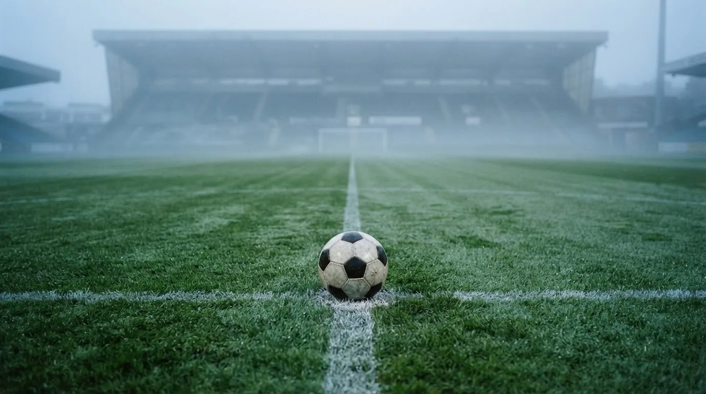 Ein Fußball liegt auf dem Anstoßpunkt eines leeren Rasenplatzes im Morgendunst, im Hintergrund eine ferne Tribüne.