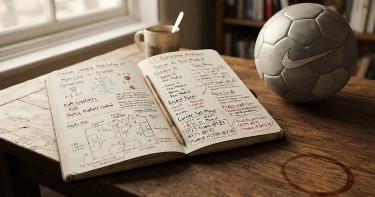 Ein Notizbuch mit handschriftlichen Notizen und kleinen Skizzen liegt aufgeschlagen neben einem Bleistift auf einem Schreibtisch, daneben ein Fußball.