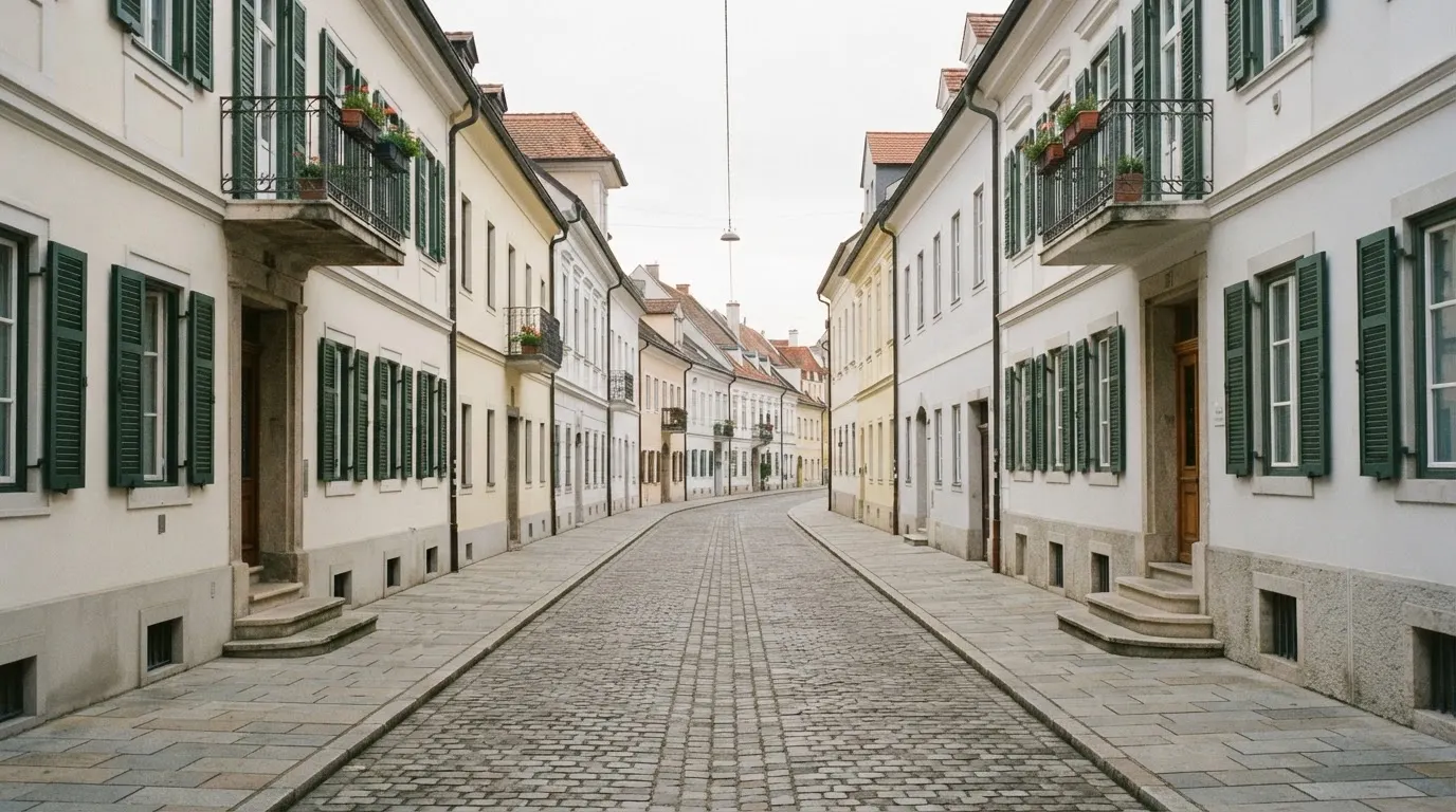 Ein Straßenzug mit hellen Fassaden an einem ruhigen Vormittag, kein Verkehr, keine Schilder, niemand ist zu sehen.