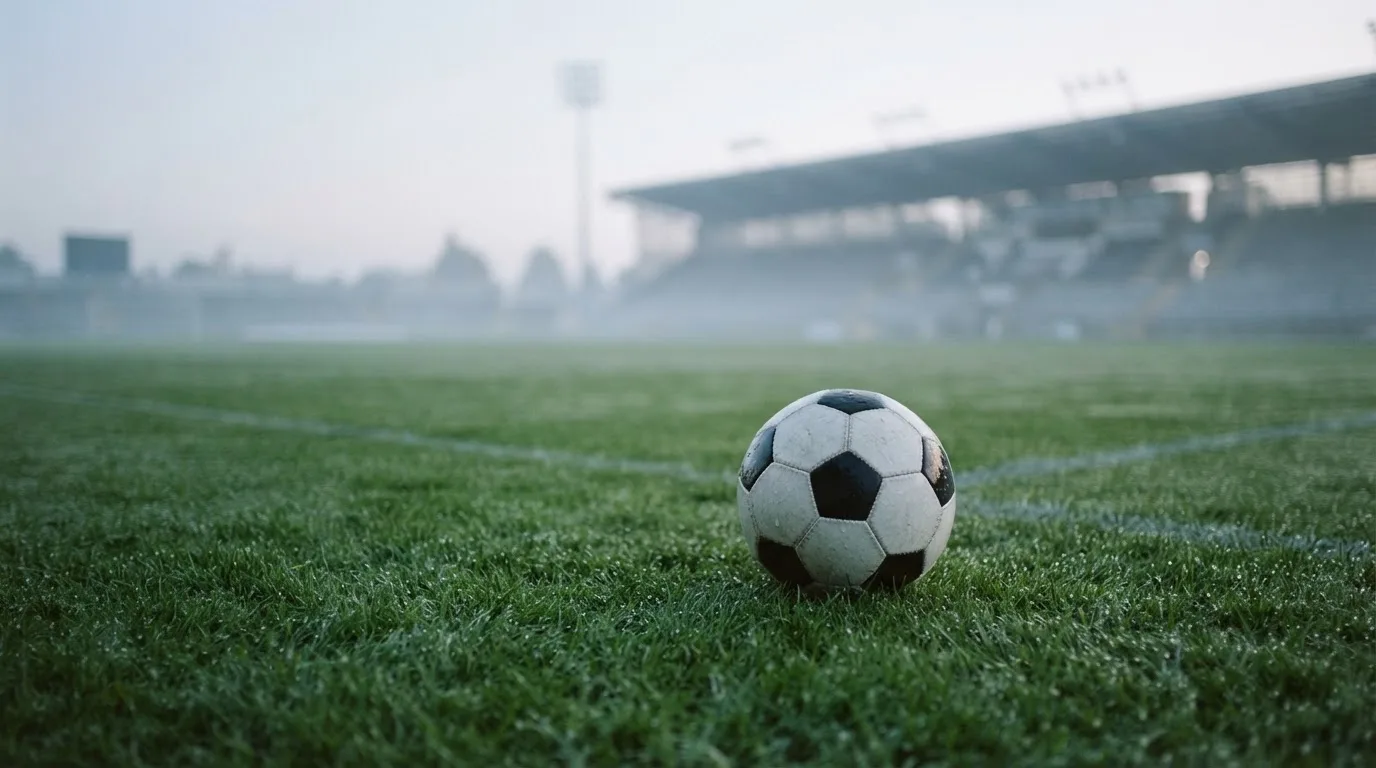 Ein Fußball liegt auf einem Rasenplatz, im Hintergrund eine ferne Tribüne im Morgendunst, Tau glänzt im Gras.