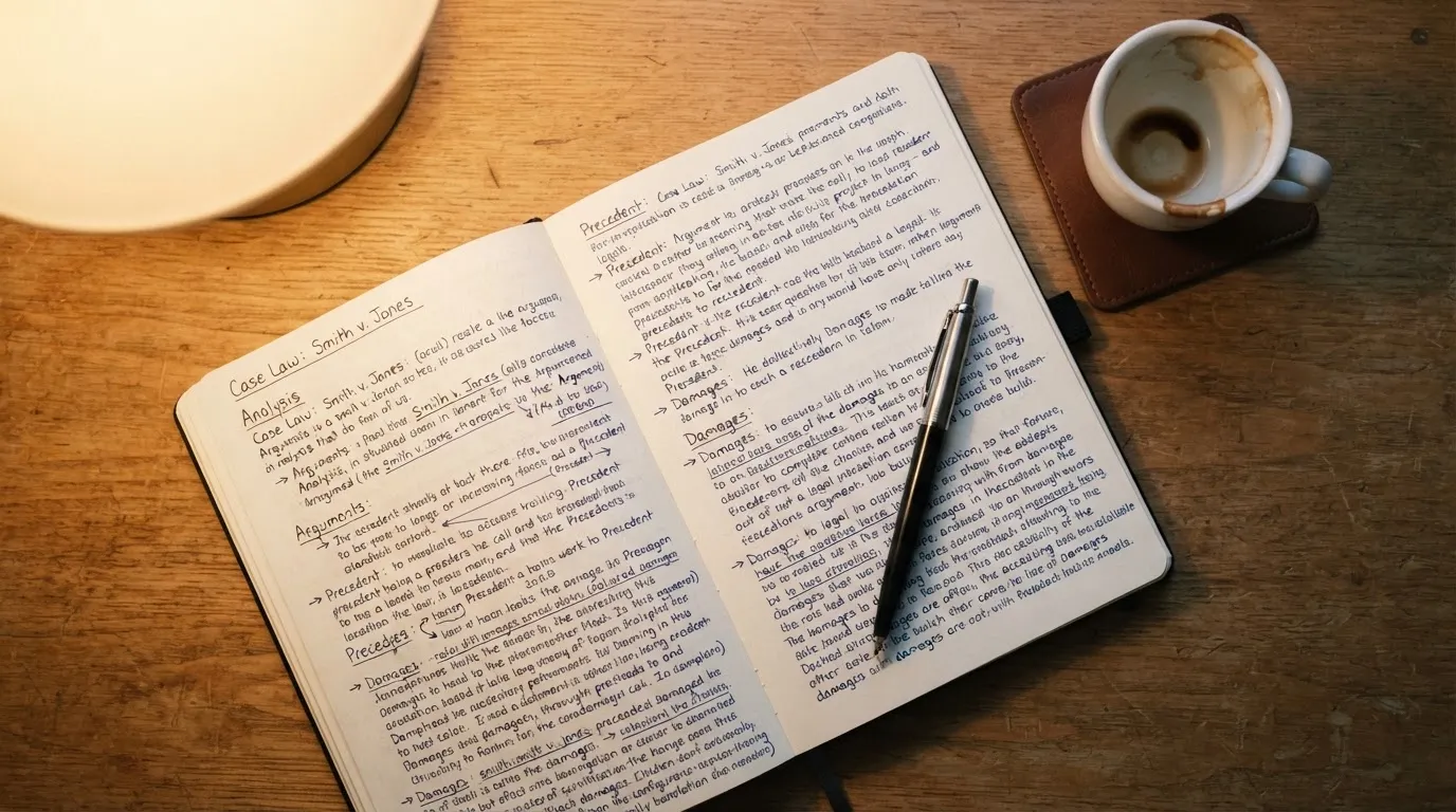 Ein Notizbuch mit handschriftlichen Notizen und ein Kugelschreiber liegen auf einem Schreibtisch neben einer Tasse, Blick schräg von oben.