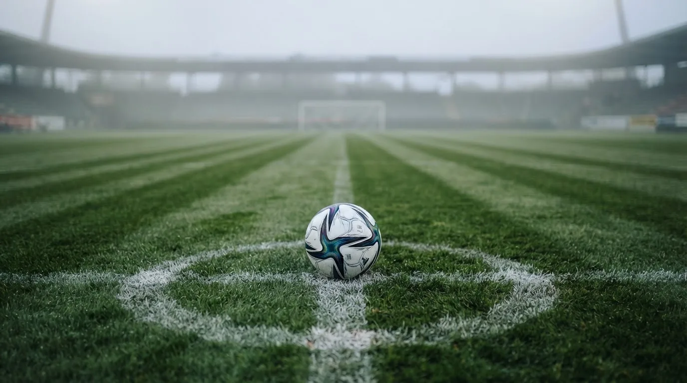Ein Fußball liegt auf dem Mittelkreis eines leeren Rasenplatzes am frühen Morgen, im Hintergrund eine ferne Tribüne im Dunst.