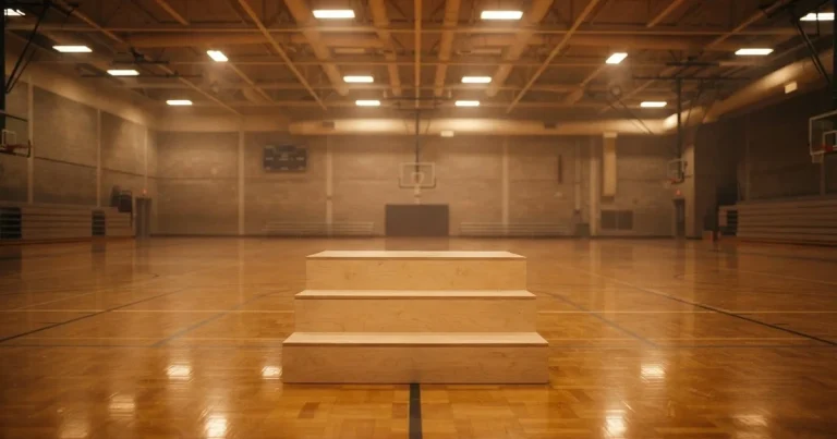 Ein Podium aus hellem Holz steht in einer leeren Sporthalle unter Hallenlicht, ohne Beschriftung oder Zahlen, niemand ist zu sehen.