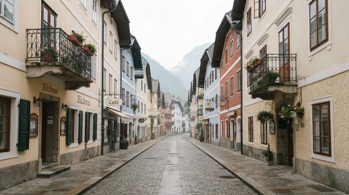 Ein ruhiger Straßenzug in einer Altstadt am Vormittag, helle Fassaden, keine Schilder, niemand ist zu sehen.