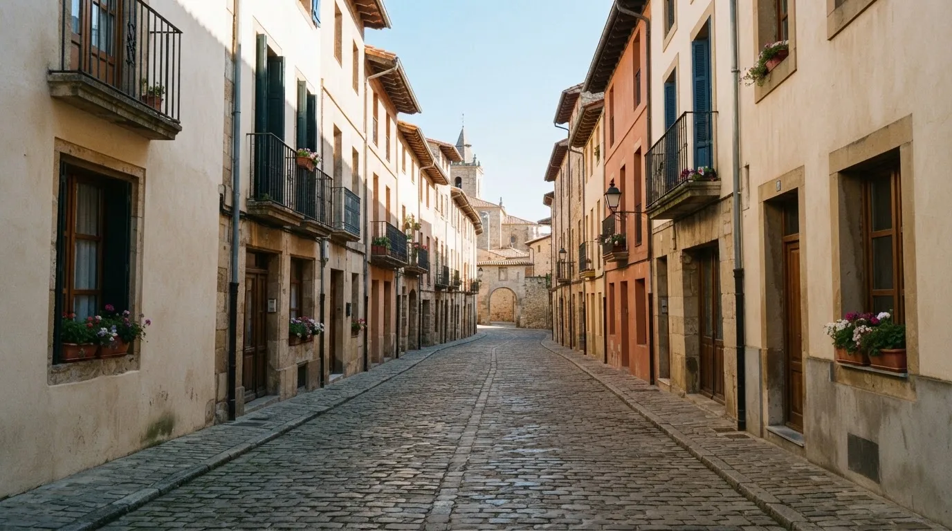 Ein ruhiger Straßenzug in einer Altstadt am Vormittag, helle Fassaden, keine Schilder, niemand ist zu sehen.