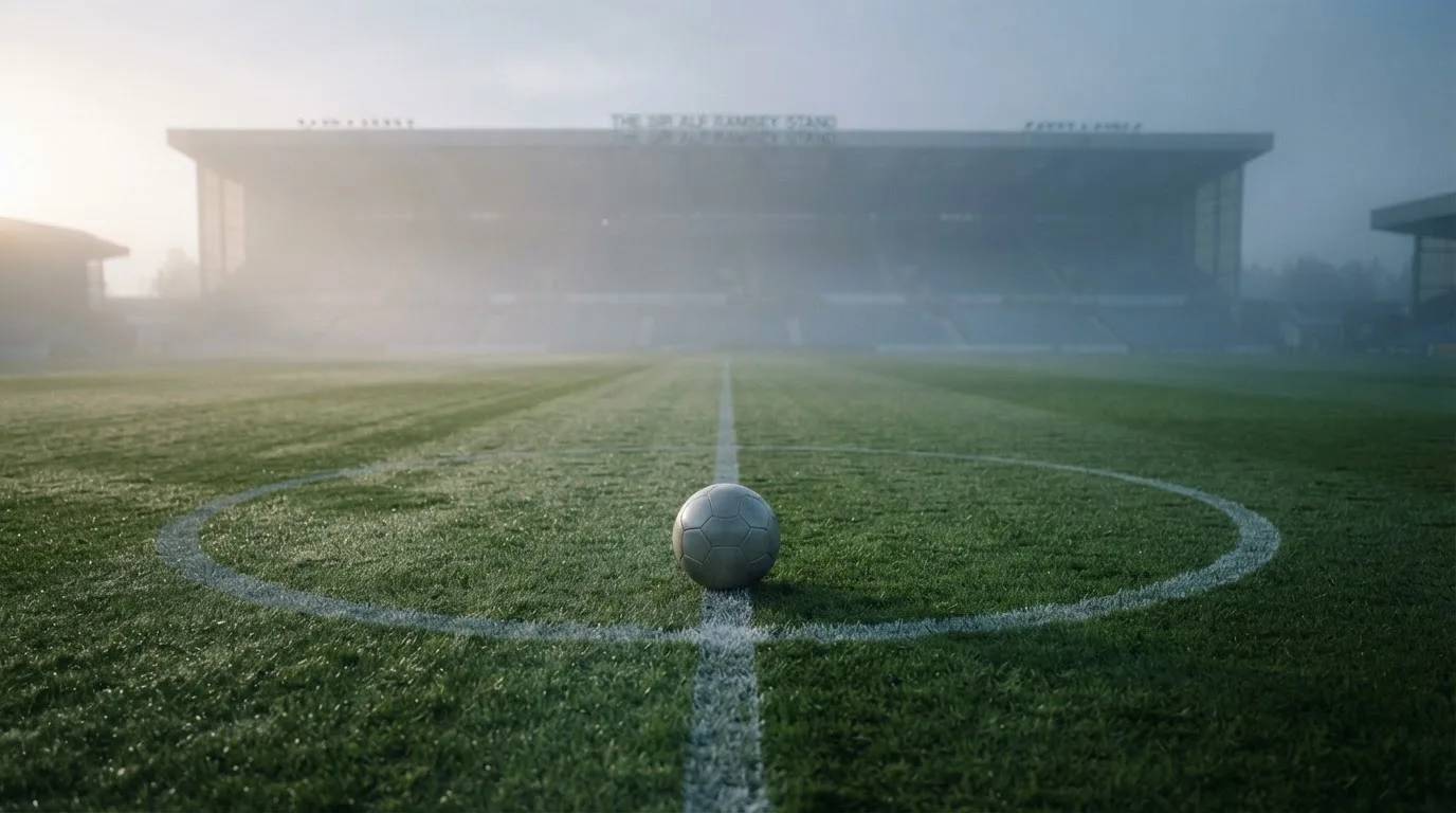 Ein Fußball liegt auf dem Mittelkreis eines leeren Rasenplatzes am frühen Morgen, im Hintergrund eine ferne Tribüne im Dunst.