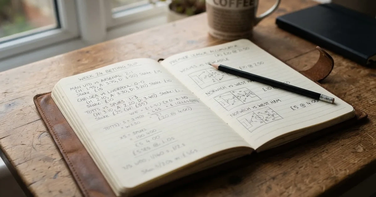 Ein Notizbuch mit handschriftlichen Notizen und kleinen Skizzen liegt aufgeschlagen neben einem Bleistift auf einem Schreibtisch, Fensterlicht von links.