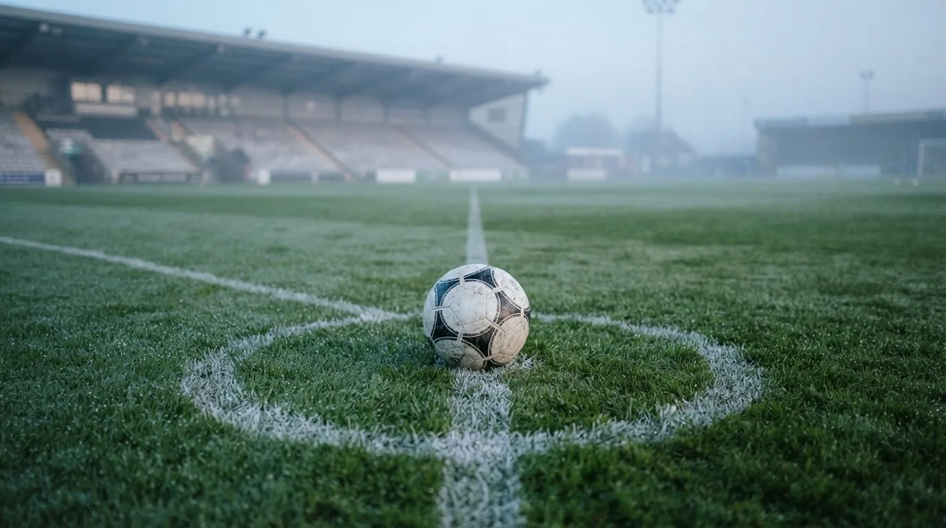 Ein Fußball liegt auf dem Anstoßpunkt eines leeren Rasenplatzes im Morgendunst, im Hintergrund eine ferne Tribüne.