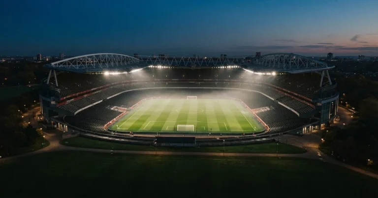 Ein Stadion unter Flutlicht aus der Ferne am Abend, hell erleuchtet, Nebel liegt über dem Rasen.