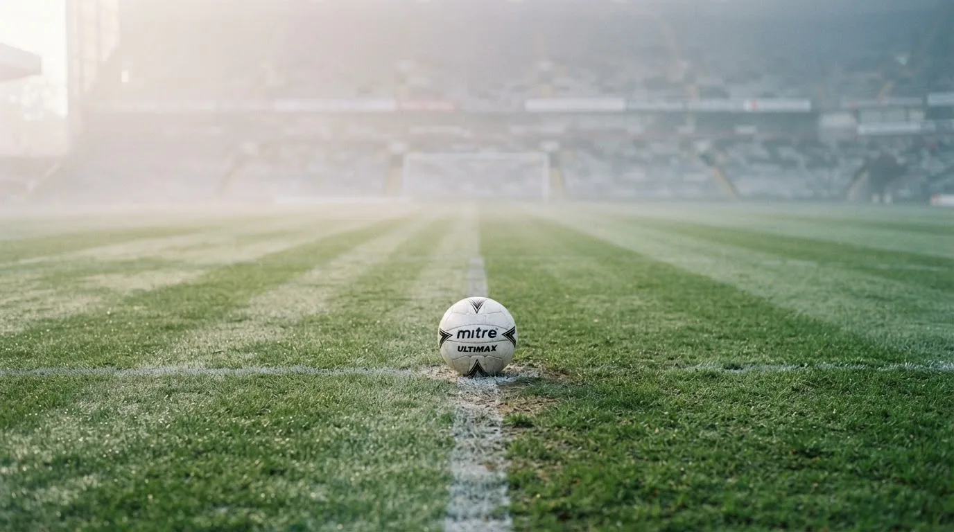 Ein Fußball liegt auf dem Anstoßpunkt eines leeren Rasenplatzes im Morgennebel, im Hintergrund verschwimmen die Tribünen.