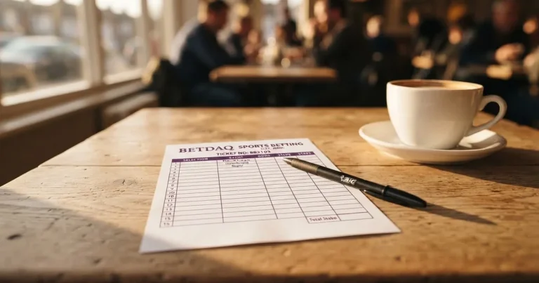 Ein leerer Wettschein aus Papier und ein Kugelschreiber liegen auf einem hellen Holztisch neben einer Kaffeetasse im warmen Seitenlicht.