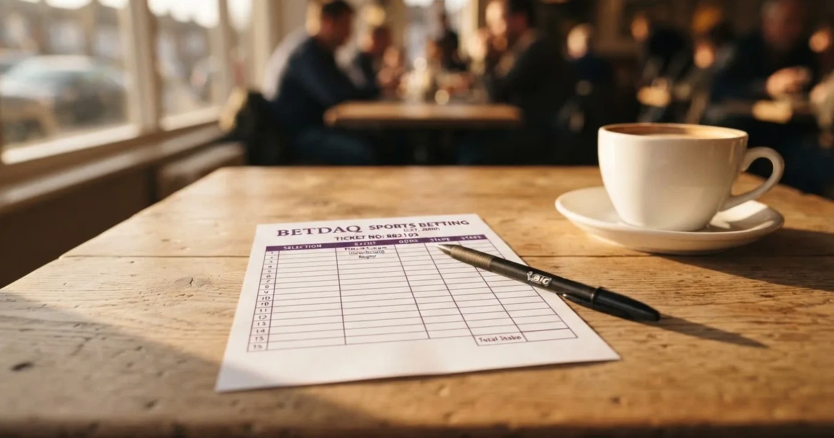 Ein leerer Wettschein aus Papier und ein Kugelschreiber liegen auf einem hellen Holztisch neben einer Kaffeetasse im warmen Seitenlicht.