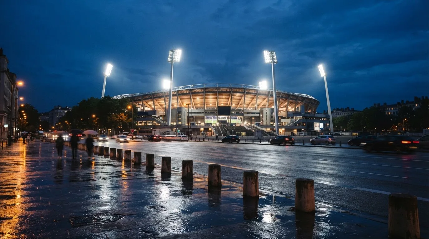 Ein Stadion unter Flutlicht aus großer Entfernung gesehen, davor eine nasse Straße in der Abenddämmerung.