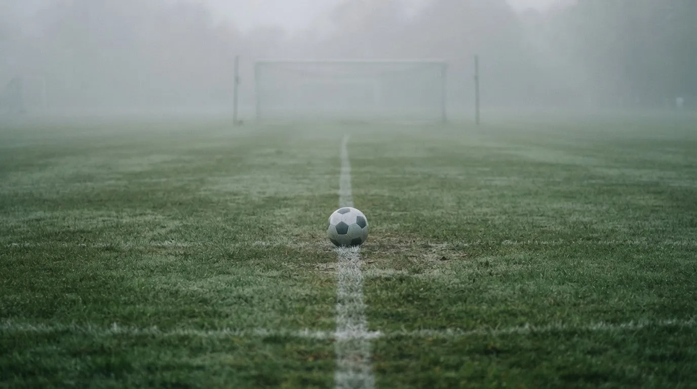 Ein Fußball liegt auf dem Anstoßpunkt eines leeren Rasenplatzes im Morgennebel.
