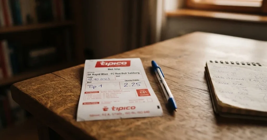 Ein leerer Wettschein aus Papier und ein Kugelschreiber liegen auf einem Holztisch, daneben ein kleiner Taschenrechner im Seitenlicht.