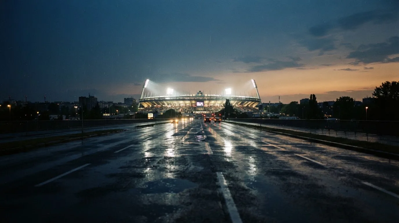 Ein Stadion unter Flutlicht aus großer Entfernung gesehen, davor eine regennasse Straße in der Dämmerung.
