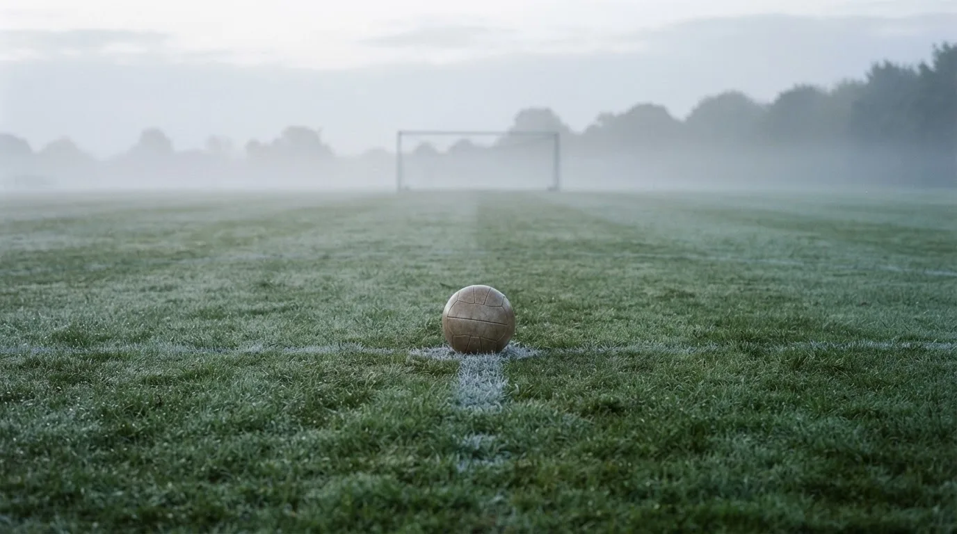 Ein Fußball liegt auf dem Anstoßpunkt eines leeren Rasenplatzes im Morgennebel.