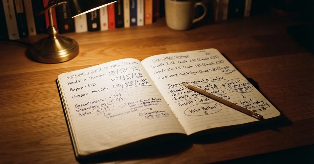 Ein aufgeschlagenes Notizbuch mit handschriftlichen Notizen und ein Bleistift liegen auf einem Schreibtisch im Licht einer Lampe.