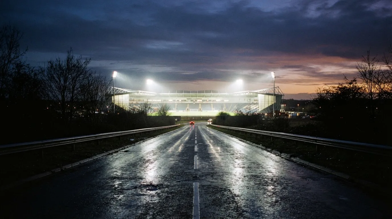 Ein Stadion unter Flutlicht aus großer Entfernung gesehen, davor eine regennasse Straße in der Dämmerung.