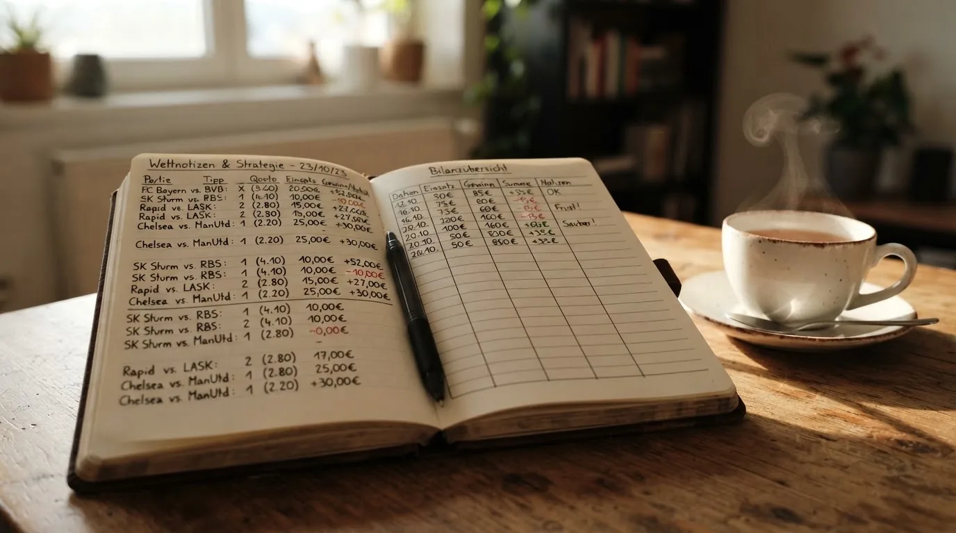 Ein aufgeschlagenes Notizbuch mit handgeschriebenen Notizen und ein Kugelschreiber liegen auf einem Schreibtisch neben einer Tasse Tee.