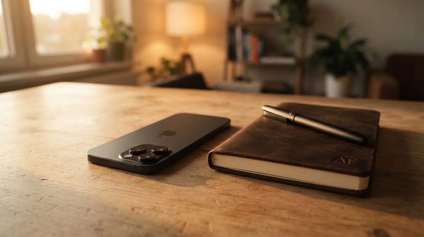 Ein Smartphone mit dunklem Display liegt auf einem Holztisch neben einem Notizbuch, durch das Fenster fällt Abendlicht.