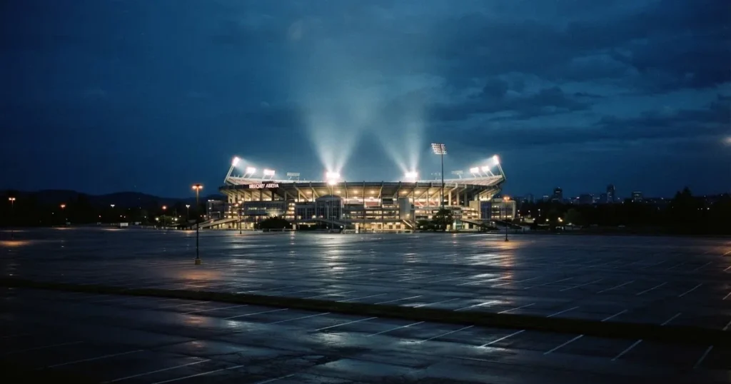 Ein Fußballstadion unter Flutlicht aus großer Entfernung gesehen, die Lichtkegel stehen im dunklen Abendhimmel über leeren Parkplätzen.