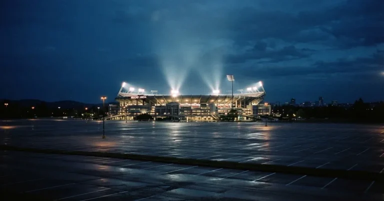 Ein Fußballstadion unter Flutlicht aus großer Entfernung gesehen, die Lichtkegel stehen im dunklen Abendhimmel über leeren Parkplätzen.