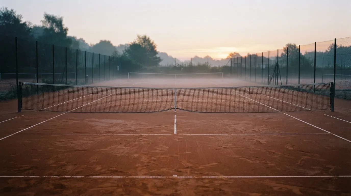 Ein Tennisplatz im Morgengrauen mit Netz und Linien, über dem Sandboden liegt leichter Nebel und niemand ist zu sehen.