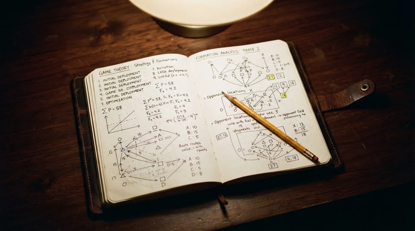 Ein Notizbuch mit handschriftlichen Skizzen und Zahlenreihen liegt aufgeschlagen auf einem Schreibtisch, daneben ein Bleistift.