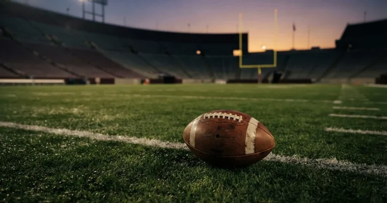 Ein ovaler Football liegt auf dem Rasen vor den gelben Torstangen eines leeren Stadions in der Abenddämmerung.