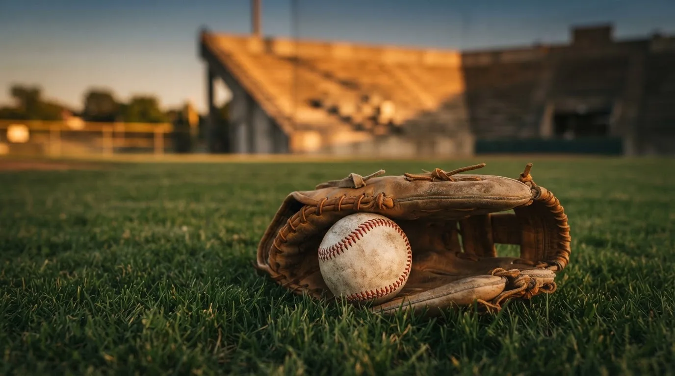 Ein Baseball liegt auf dem Rasen neben einem Lederhandschuh ohne Aufschrift, im Hintergrund eine leere Tribüne im Abendlicht.