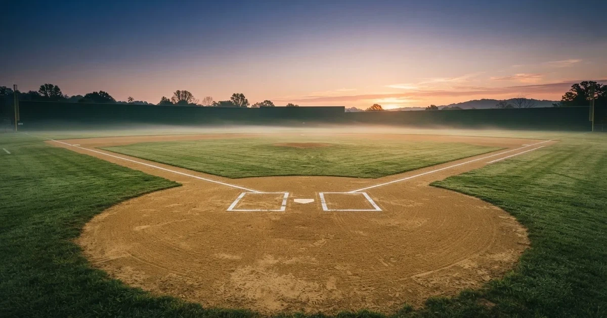 Ein leeres Baseballfeld mit Sandfläche, Basen und weißen Linien in der Morgendämmerung, über dem Rasen liegt leichter Nebel.