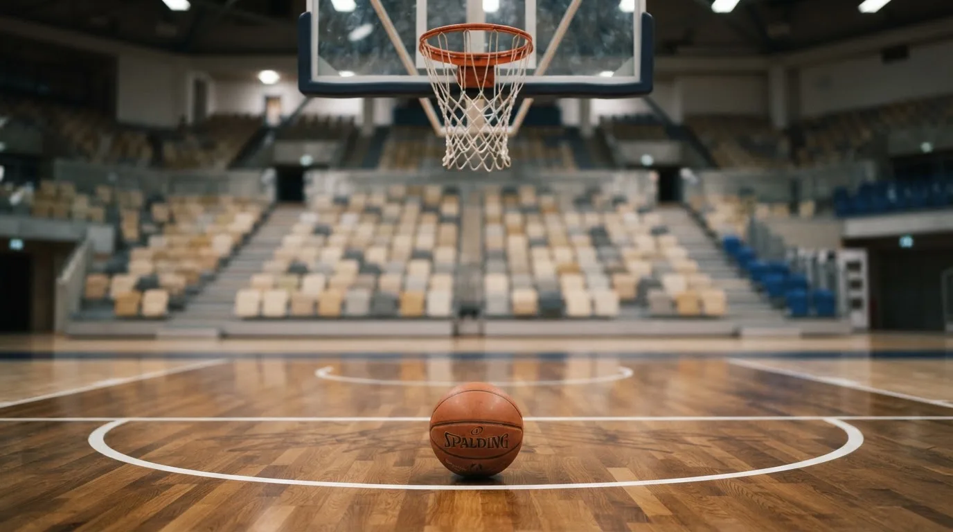 Ein orangefarbener Basketball liegt auf einem Hallenboden unter dem Netz eines Korbs, im Hintergrund unscharf leere Sitzreihen.