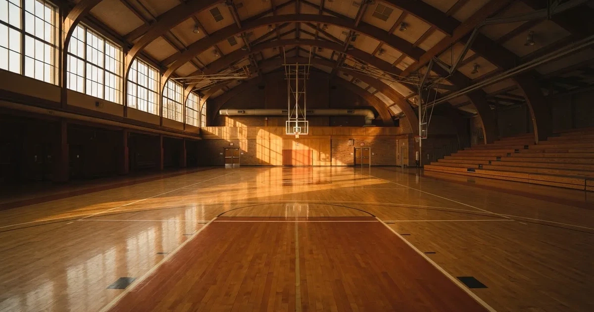 Ein leeres Basketballfeld in einer Halle mit glänzendem Parkett und einem Korb, durch hohe Fenster fällt Tageslicht.