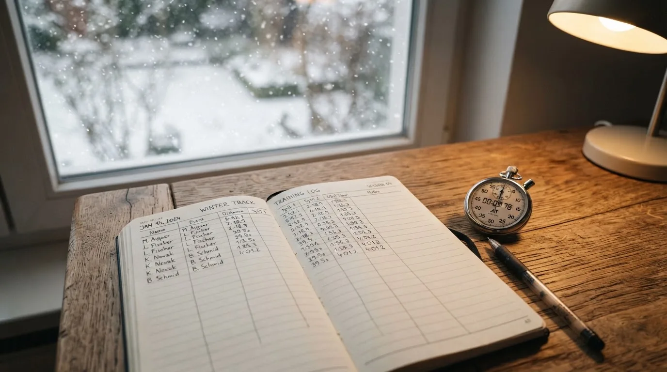Ein Notizbuch mit handschriftlichen Zeiten liegt neben einer Stoppuhr auf einem Holztisch, draußen vor dem Fenster fällt Schnee.