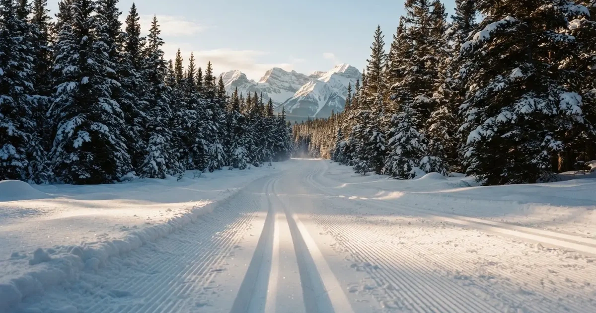 Eine verschneite Loipe im Morgenlicht mit gespurter Spur, im Hintergrund dunkler Nadelwald und eine Bergkette ohne Menschen.