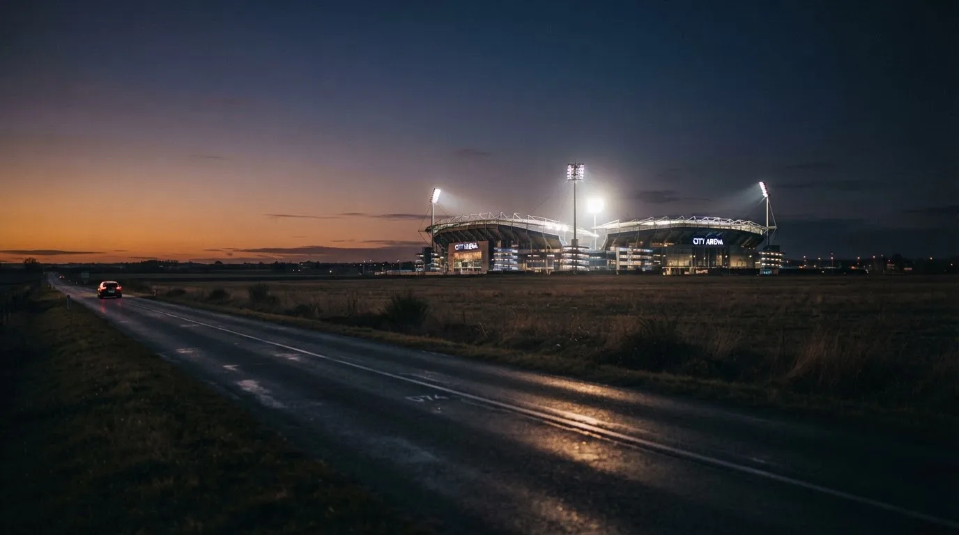 Ein Fußballstadion unter Flutlicht aus großer Entfernung gesehen, davor Felder und eine ruhige Straße in der Dämmerung.